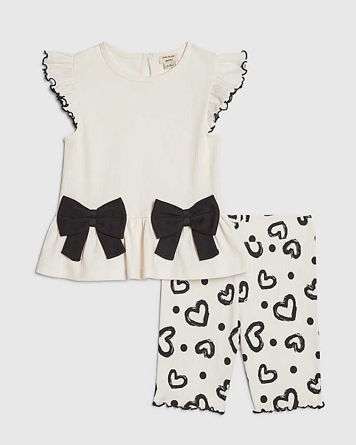 Mini Girls Cream Peplum Rib Shorts Set