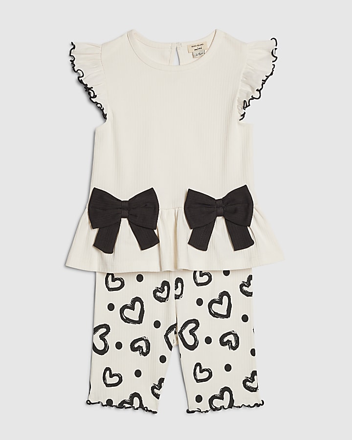 Mini Girls Cream Peplum Rib Shorts Set