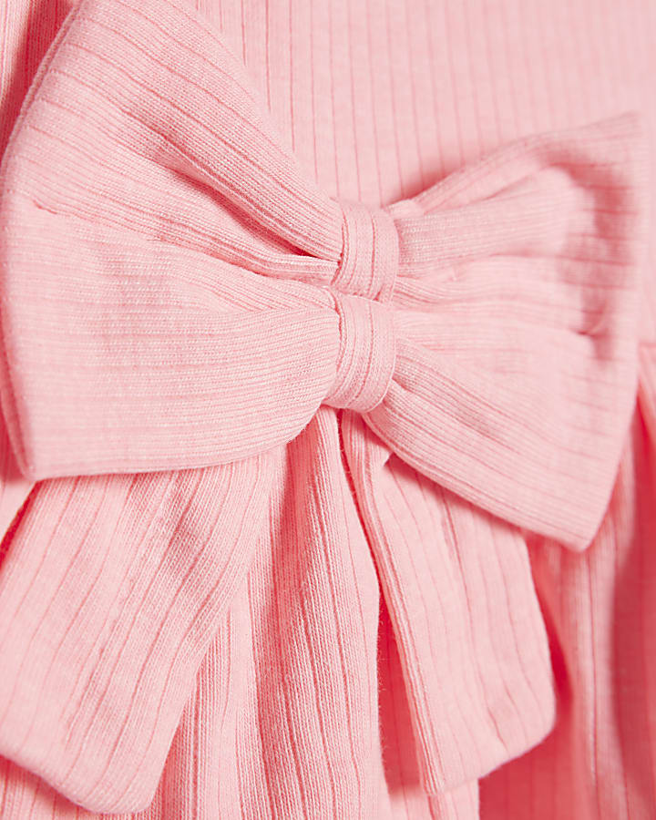 Mini Girls Pink Peplum Bow Rib Shorts Set