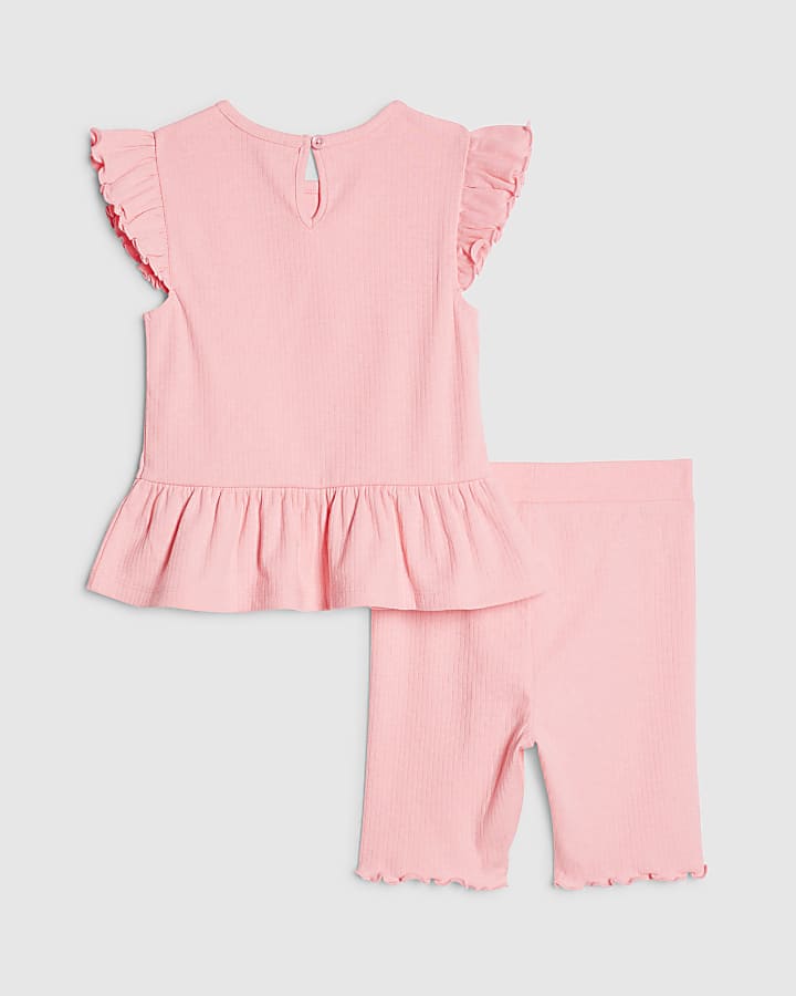 Mini Girls Pink Peplum Bow Rib Shorts Set