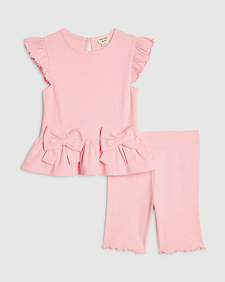 Mini Girls Pink Peplum Bow Rib Shorts Set