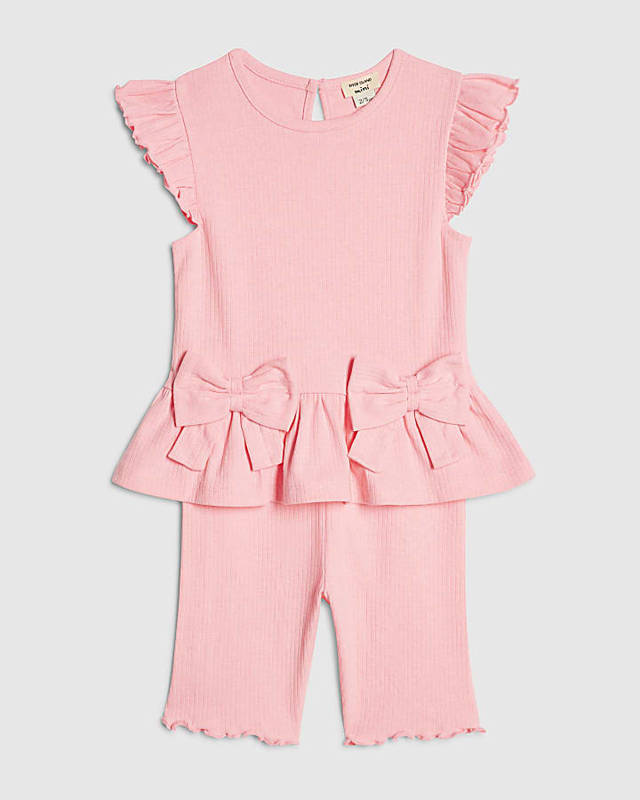 Mini Girls Pink Peplum Bow Rib Shorts Set
