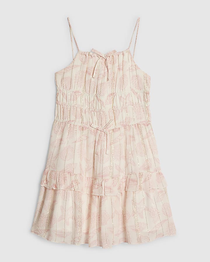 Girls Pink Shell Tiered Shimmer Dress
