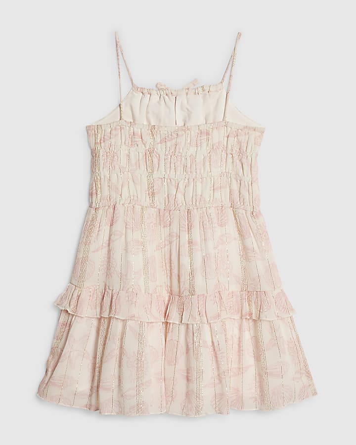Girls Pink Shell Tiered Shimmer Dress
