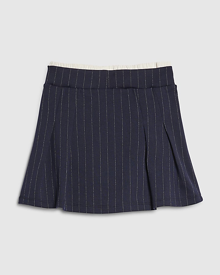 Girls Navy Pinstripe Pleated Skirt