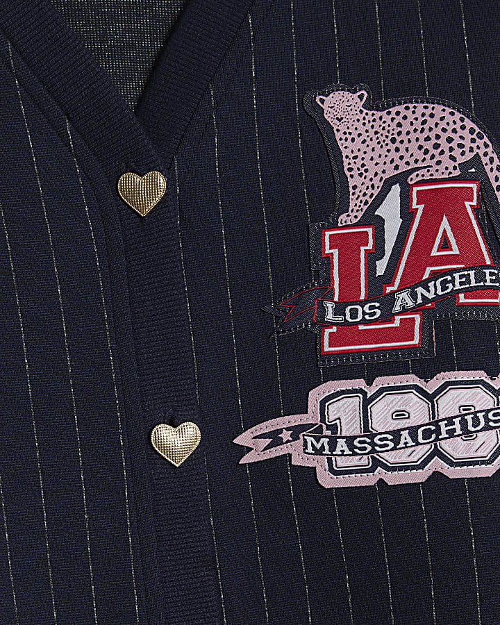 Girls Navy Stripe Badge Cardigan Set