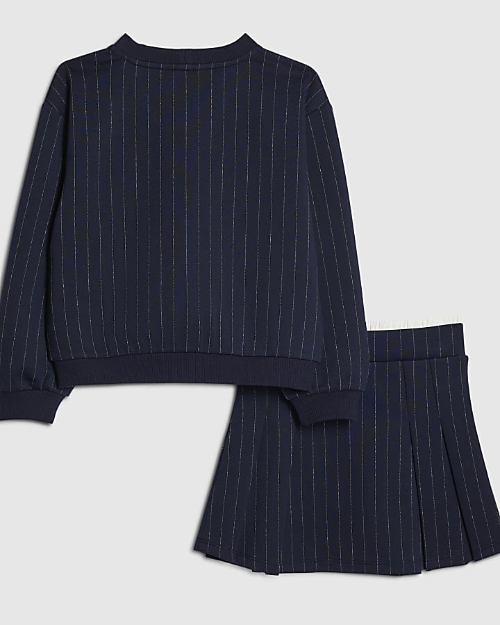 Girls Navy Stripe Badge Cardigan Set