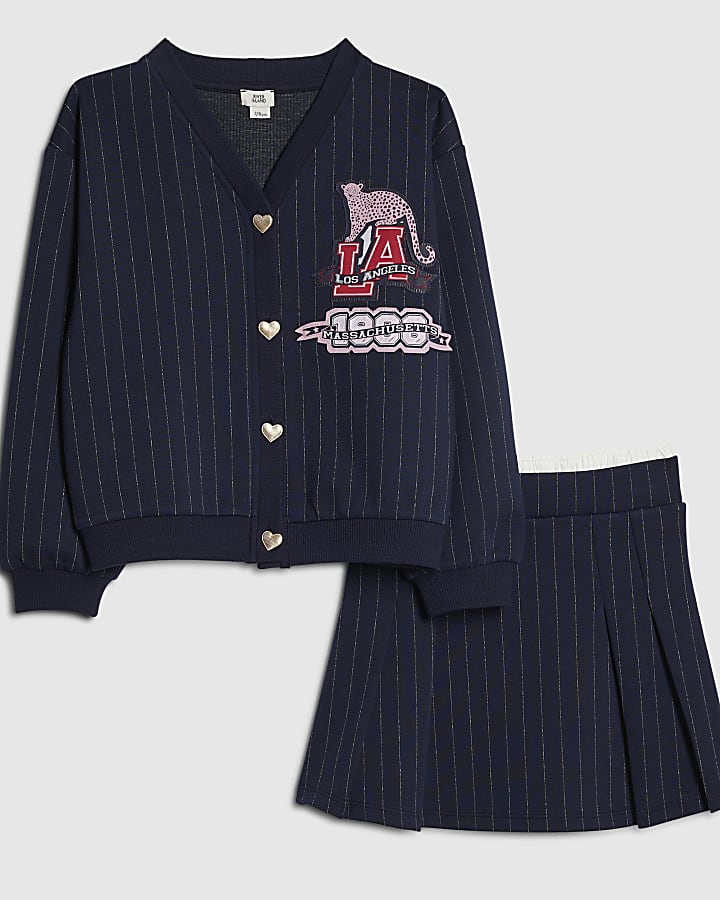 Girls Navy Stripe Badge Cardigan Set