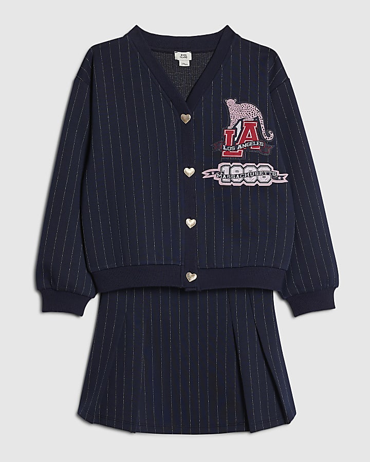 Girls Navy Stripe Badge Cardigan Set