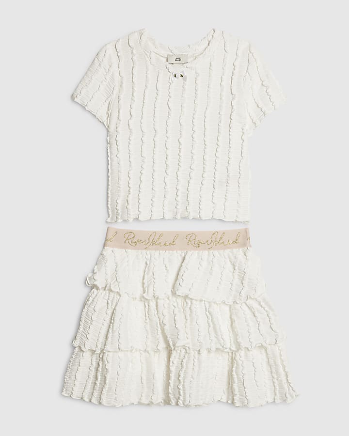Girls White Crinkle T-shirt and Skirt Set