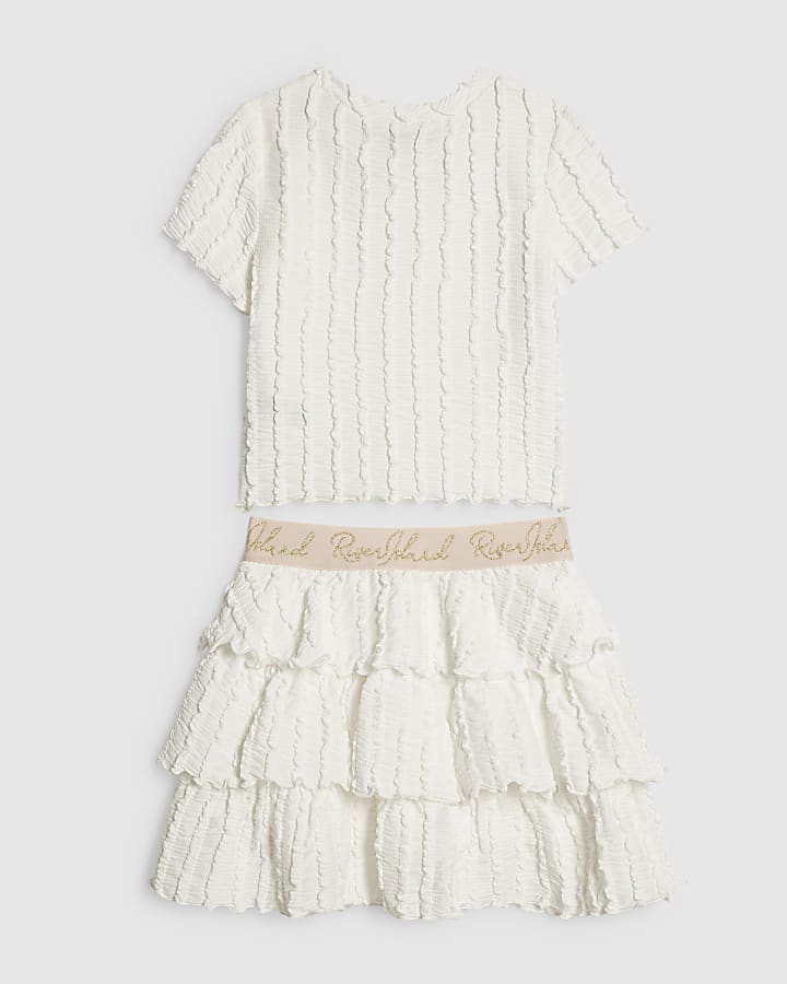 Girls White Crinkle T-shirt and Skirt Set