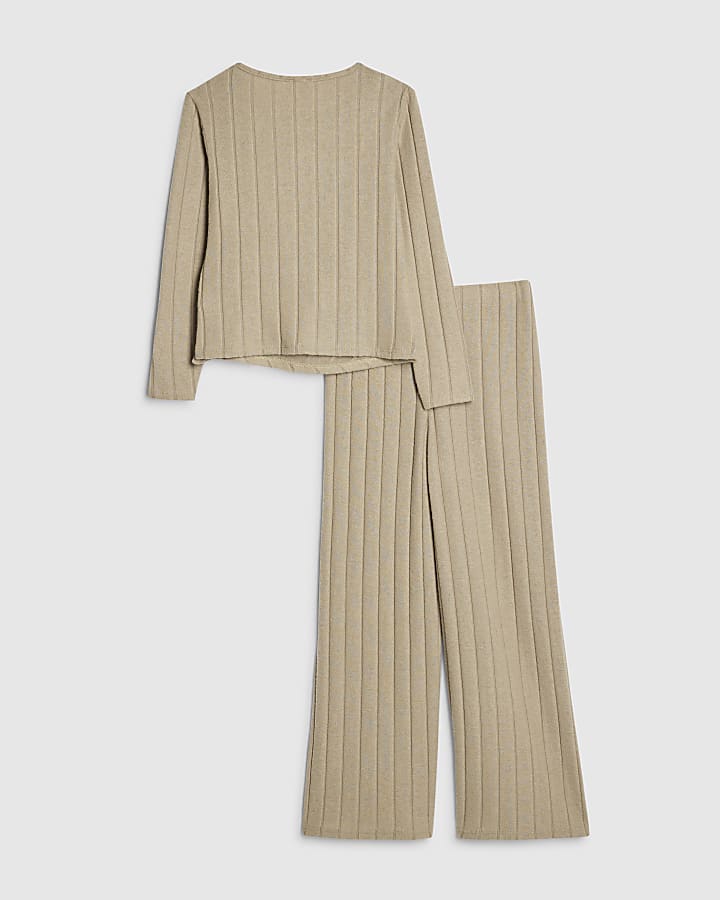 Girls Green Cosy Ribbed Top Set