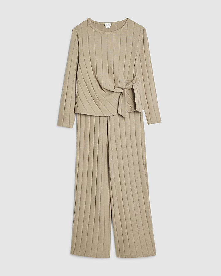 Girls Green Cosy Ribbed Top Set