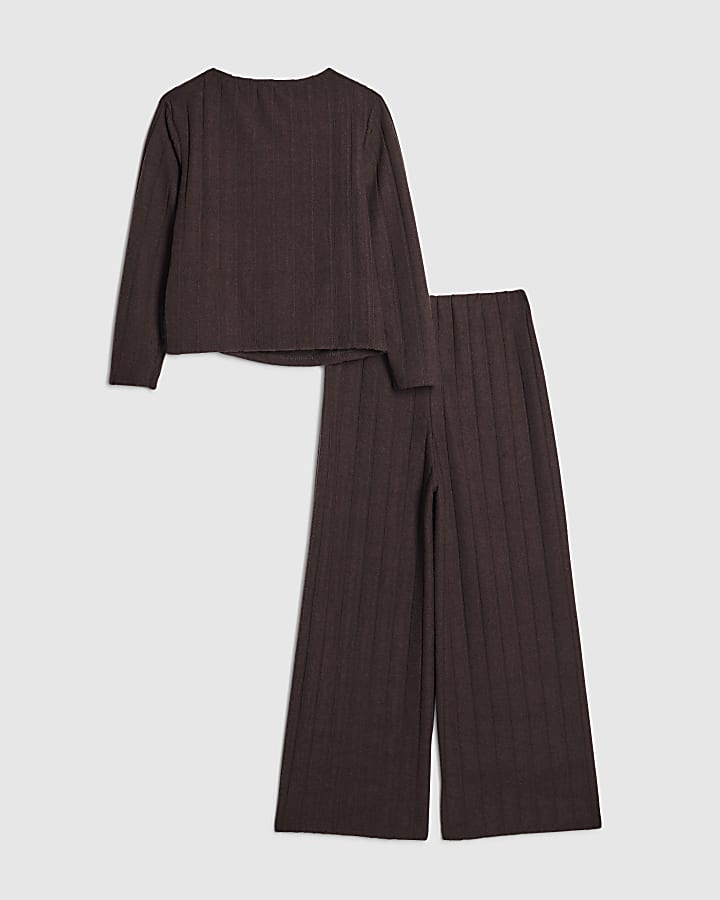 Girls Brown Cosy Ribbed Top Set