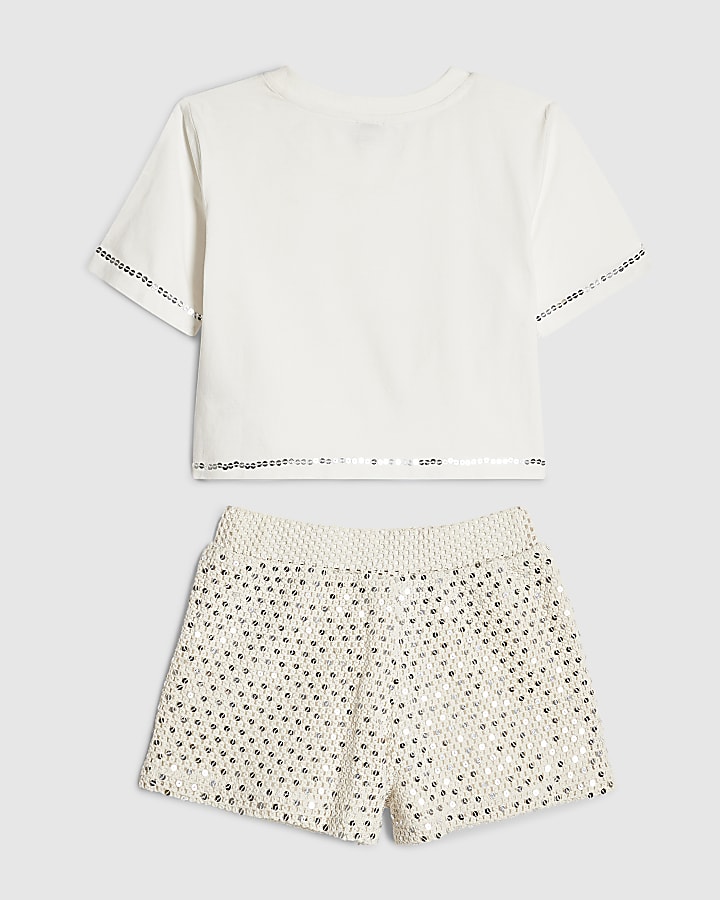 Girls White Crochet Tops &  Shorts Set