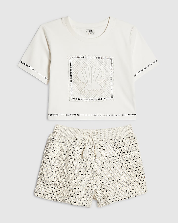 Girls White Crochet Tops &  Shorts Set