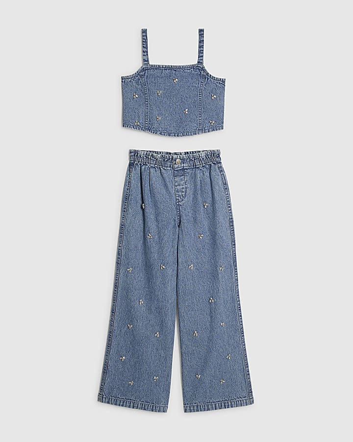 Girls Embellished Denim Jeans Set