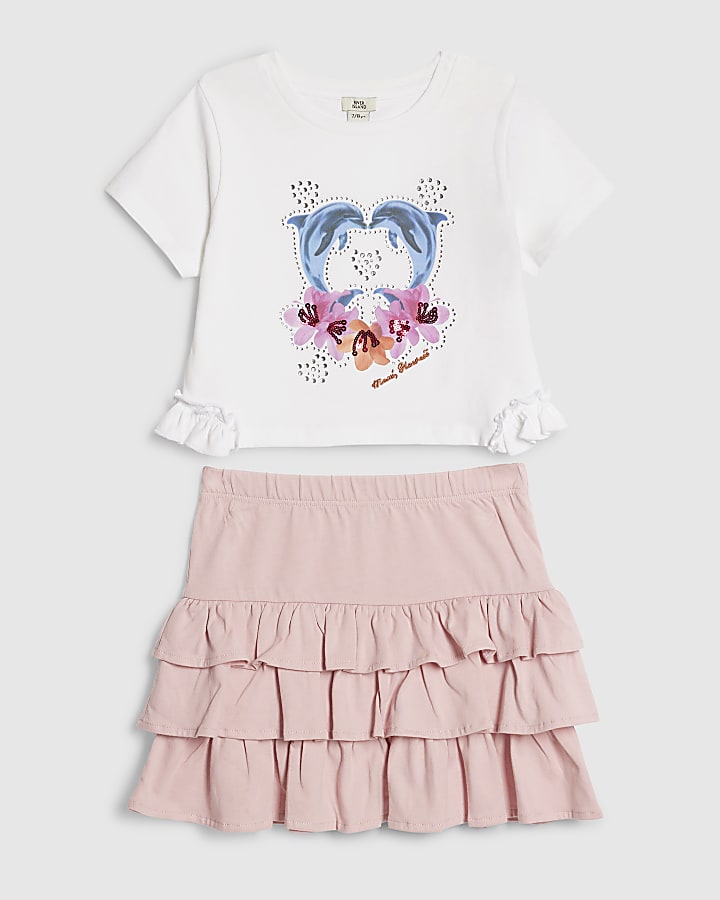 Girls White Dolphin T-Shirt And Rara Set