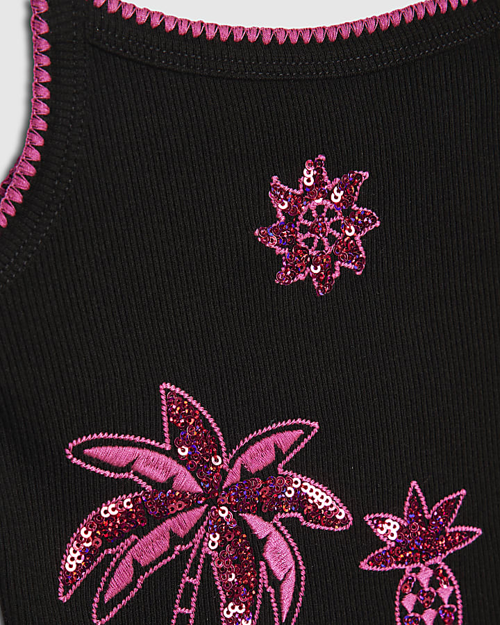Girls Black Sequin Palm Tree Cami Top