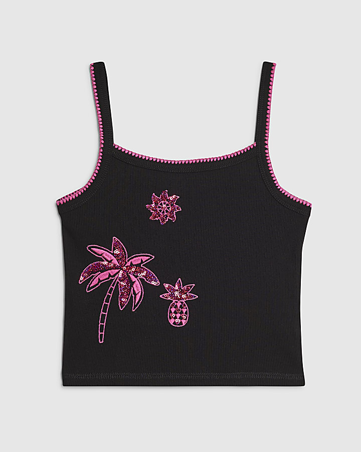Girls Black Sequin Palm Tree Cami Top