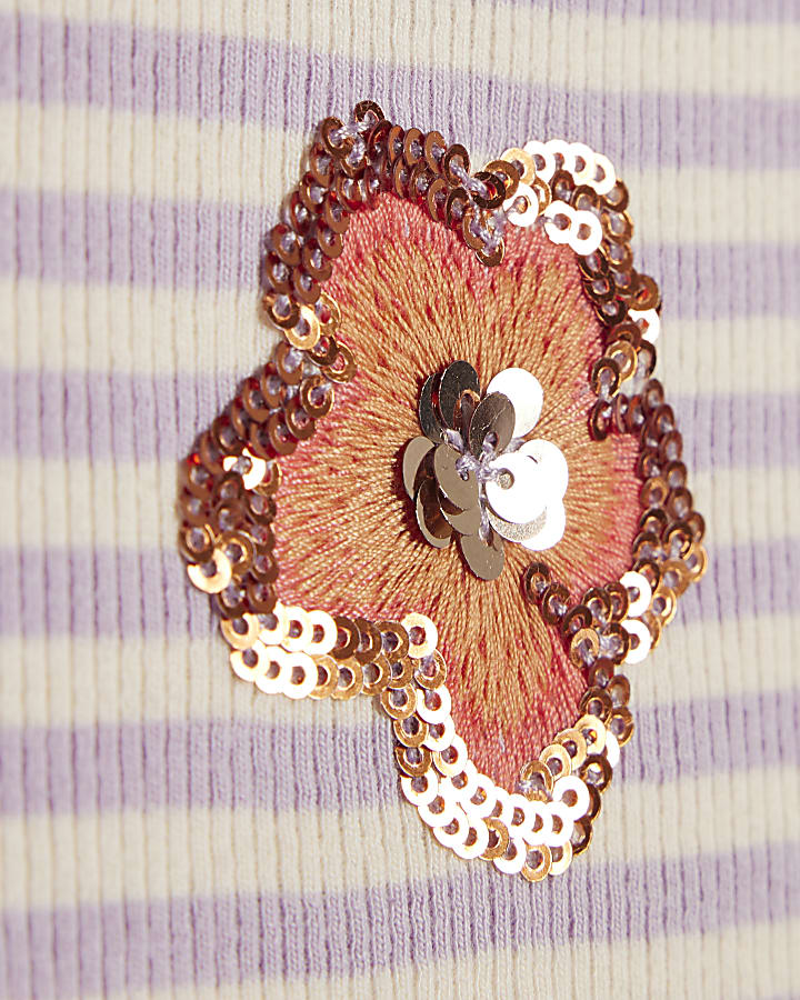 Girls Purple Stripe Sequin Floral Tank Top