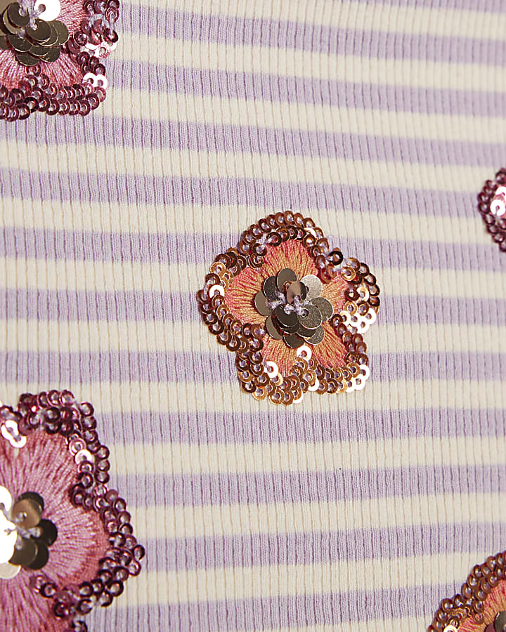 Girls Purple Stripe Sequin Floral Tank Top