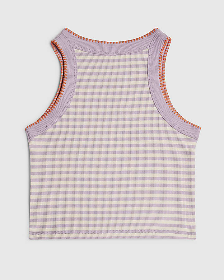 Girls Purple Stripe Sequin Floral Tank Top