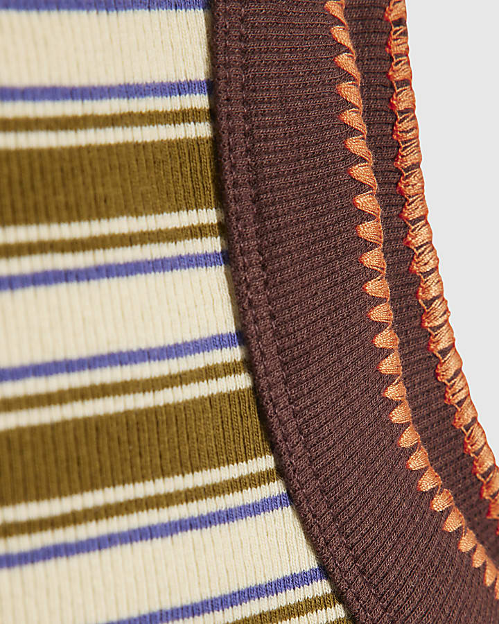 Girls Brown Stripe Sequin Palm Tree Tank Top