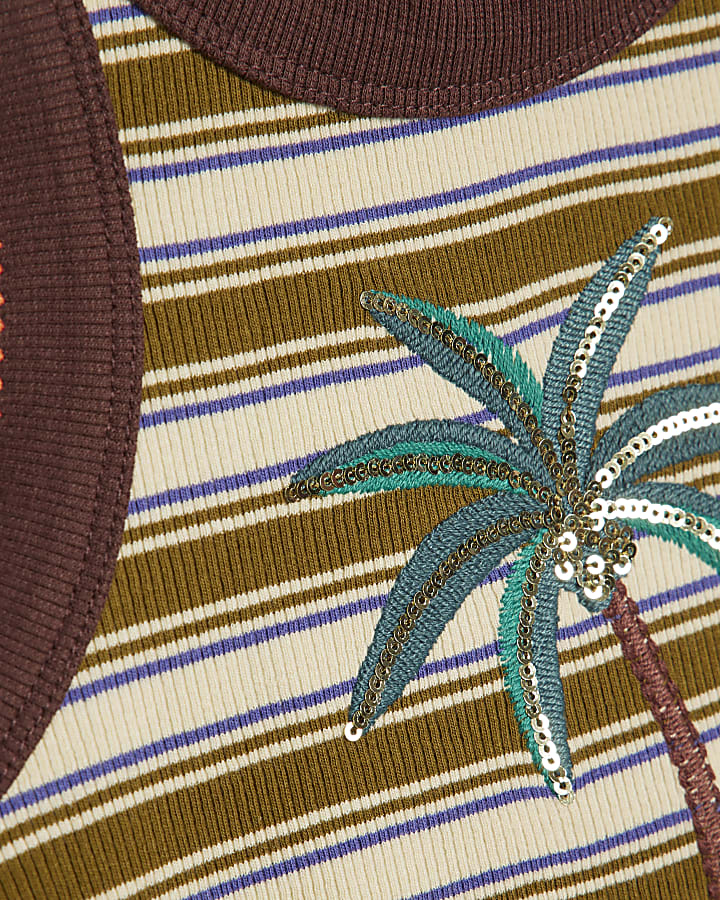 Girls Brown Stripe Sequin Palm Tree Tank Top