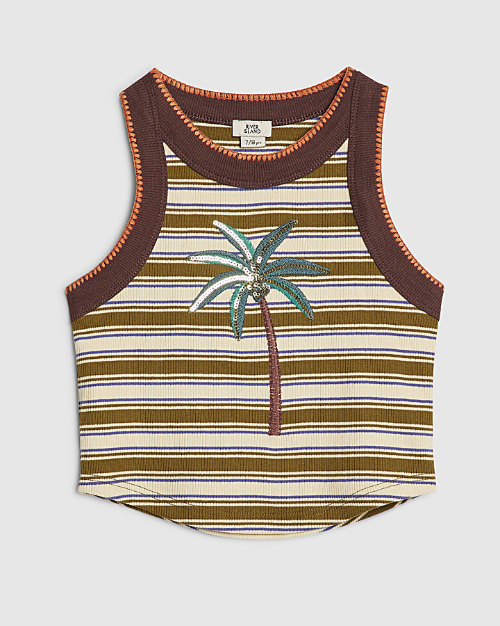 Girls Brown Stripe Sequin Palm Tree Tank Top
