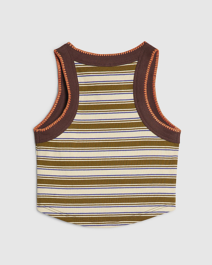 Girls Brown Stripe Sequin Palm Tree Tank Top