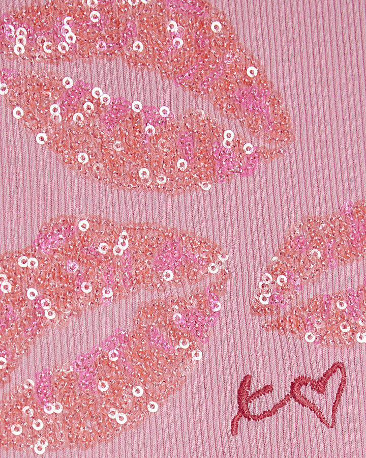 Girls Pink Sequin Lips Tank Top