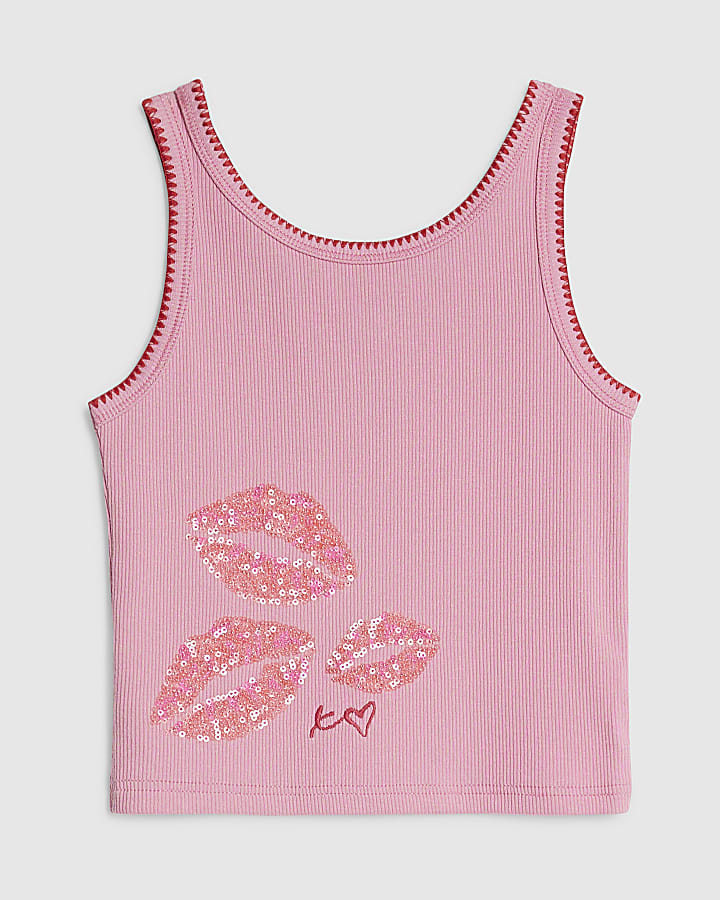 Girls Pink Sequin Lips Tank Top