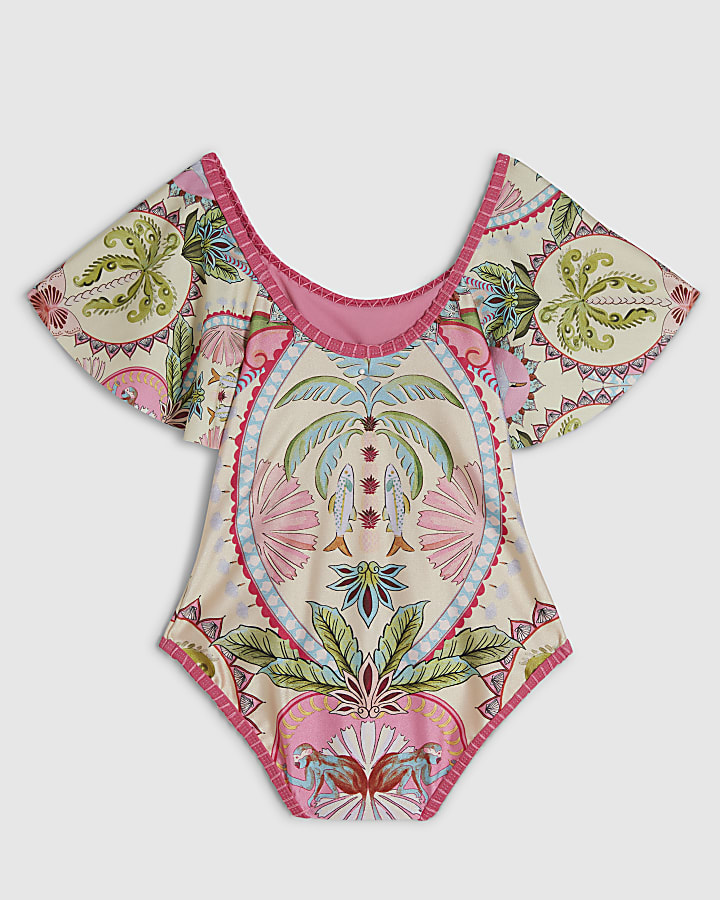 Girls Pink Palm Tree Print Swimsuit