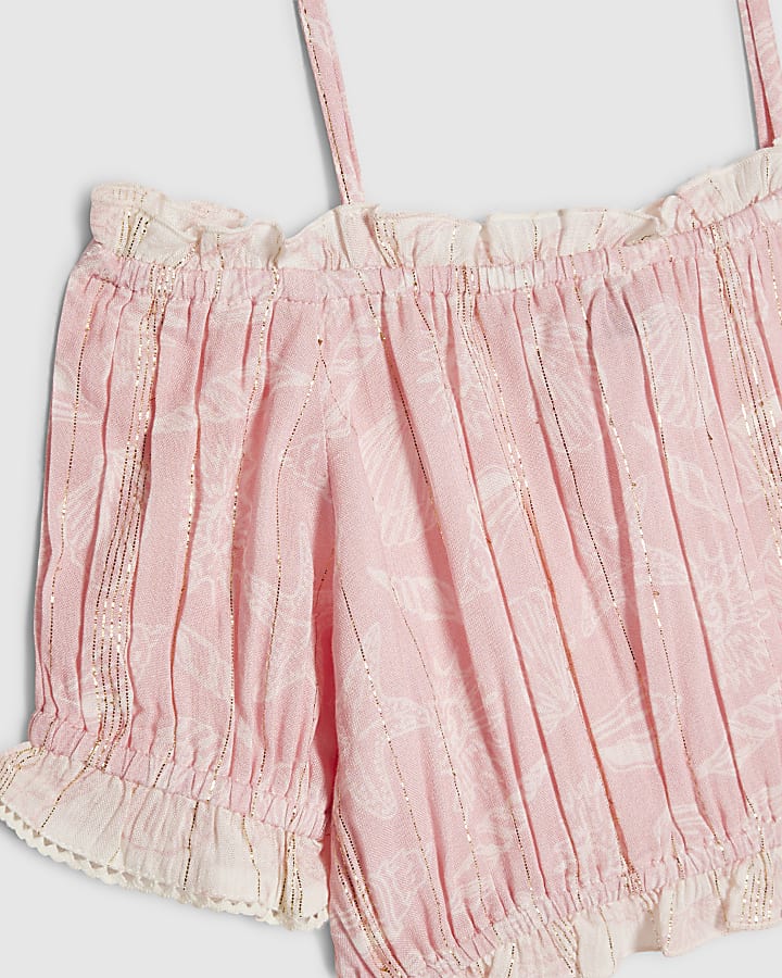 Girls Pink Shell Button Up Top & Skirt Set