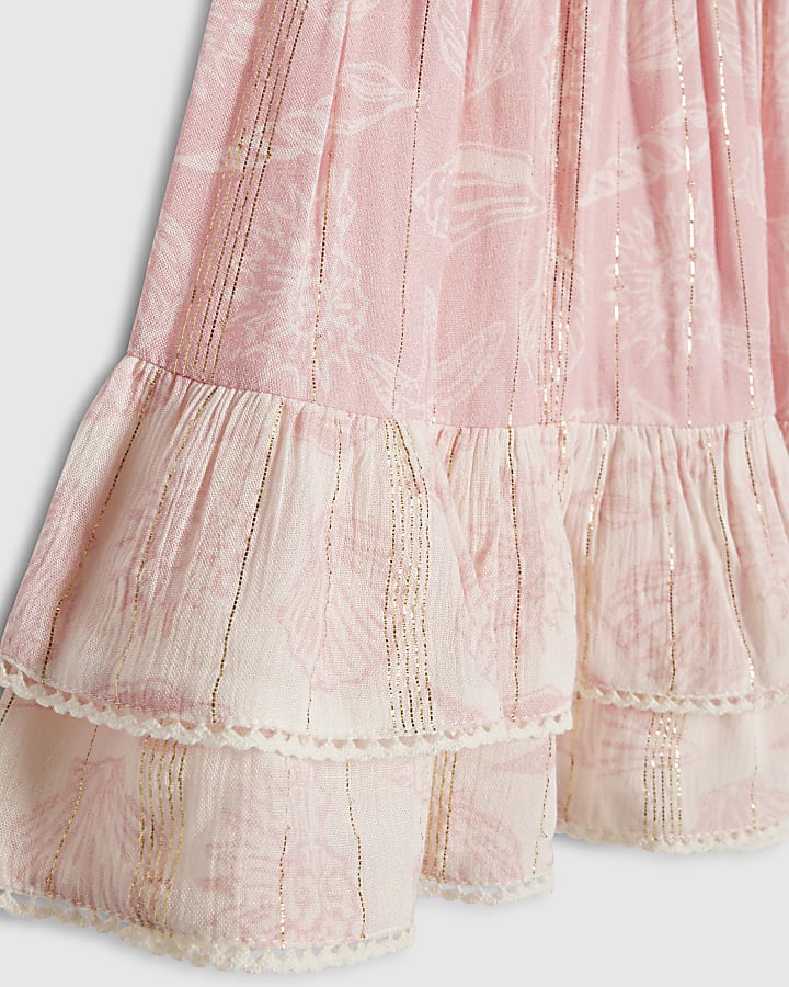 Girls Pink Shell Button Up Top & Skirt Set