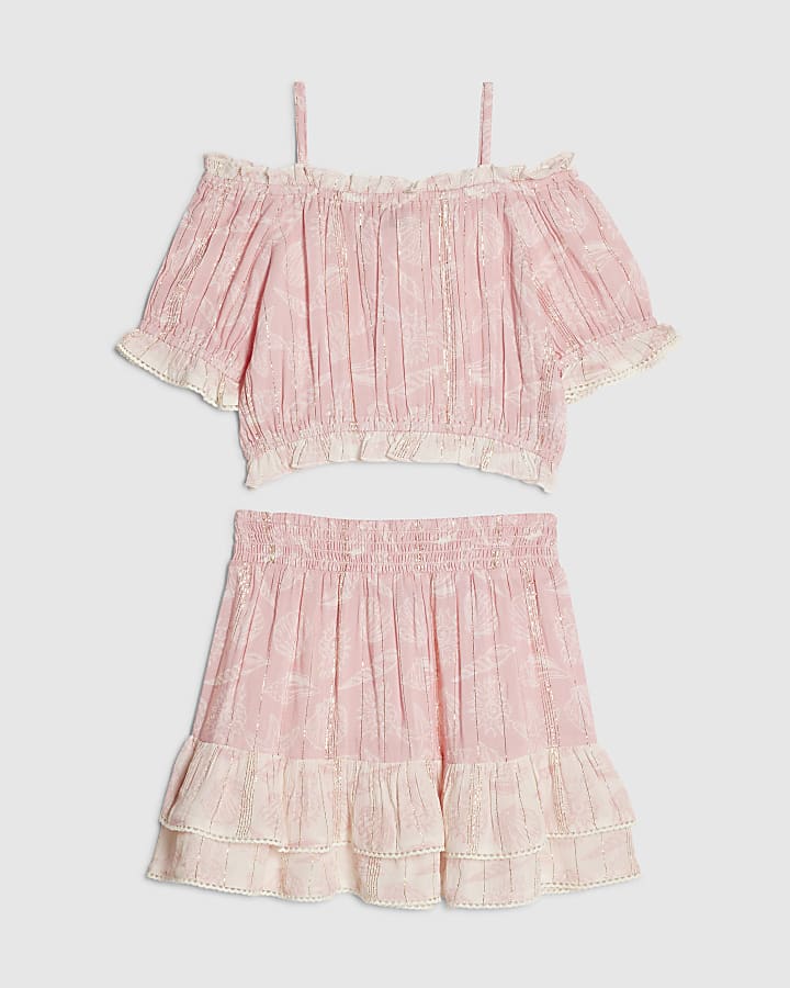 Girls Pink Shell Button Up Top & Skirt Set