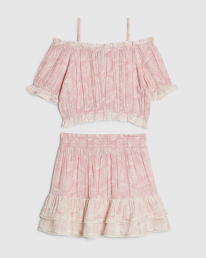Girls Pink Shell Button Up Top & Skirt Set