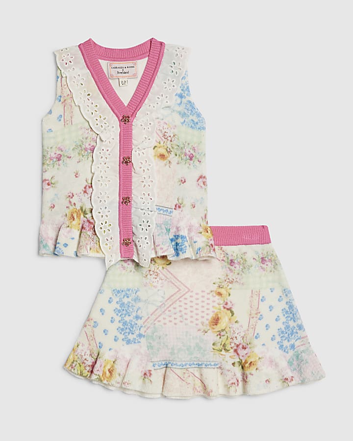 Mini Girls Cream Floral Skirt Set