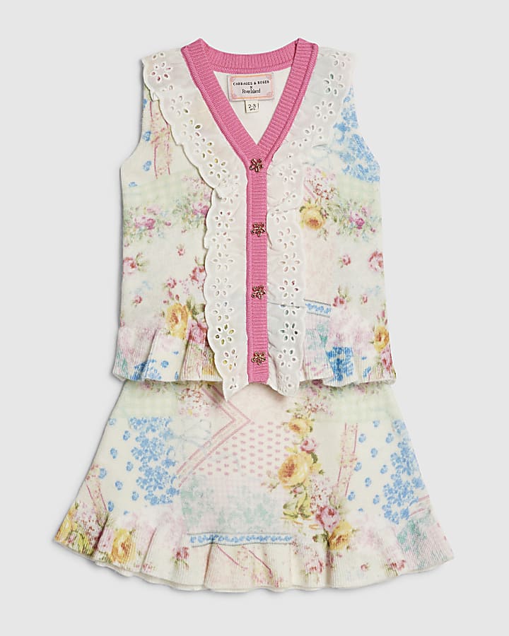 Mini Girls Cream Floral Skirt Set