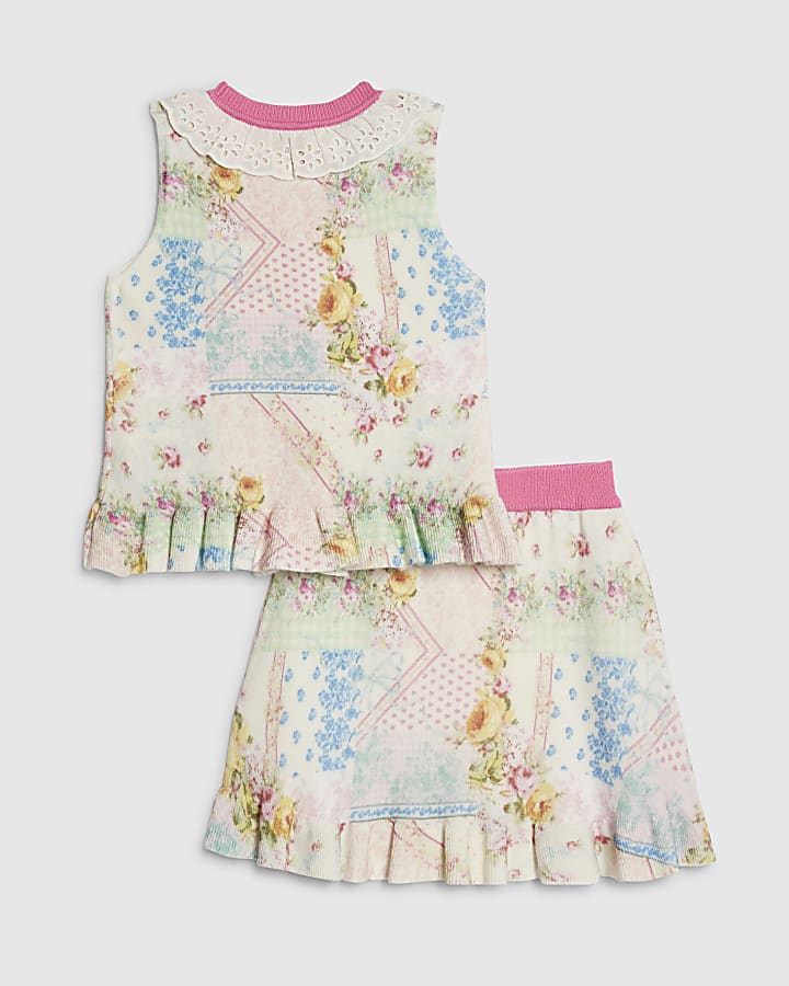 Girls Cream Cabbages & Roses Floral Skirt Set