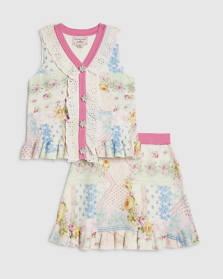 Girls Cream Cabbages & Roses Floral Skirt Set