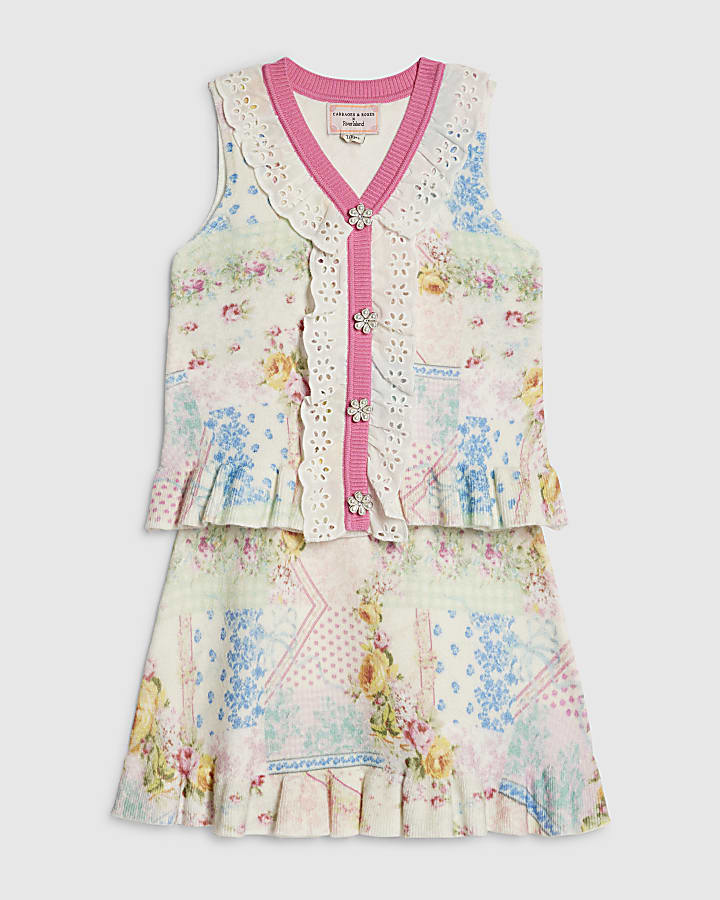 Girls Cream Cabbages & Roses Floral Skirt Set