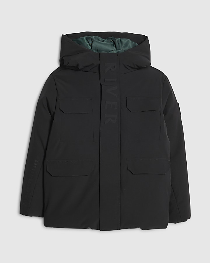 Boys Black Embossed River Hooded Coat