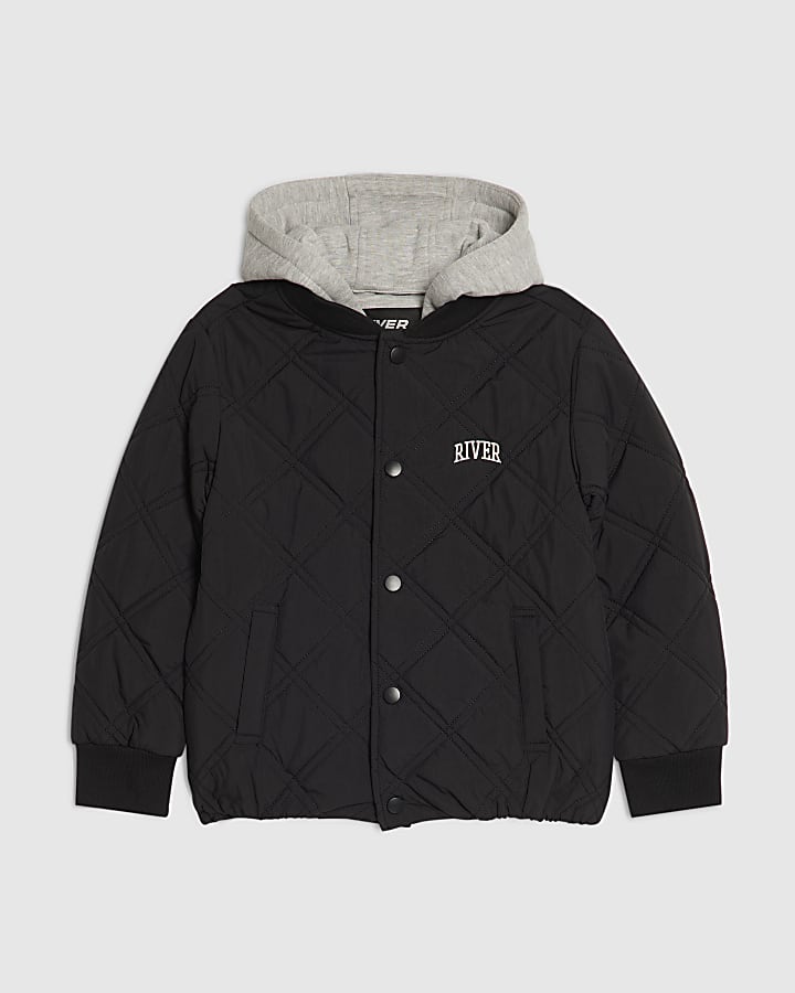 Boys Black Quilted RI Hooded Bomber Jacket