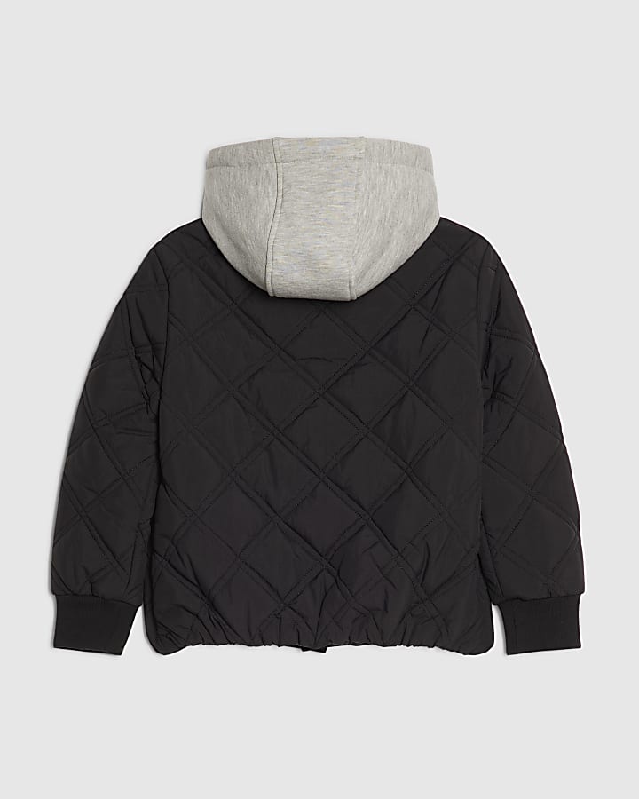 Boys Black Quilted RI Hooded Bomber Jacket
