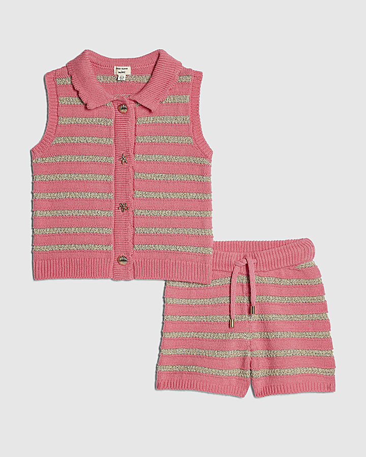 Mini Girls Pink Stripe Top & Short Knit Set