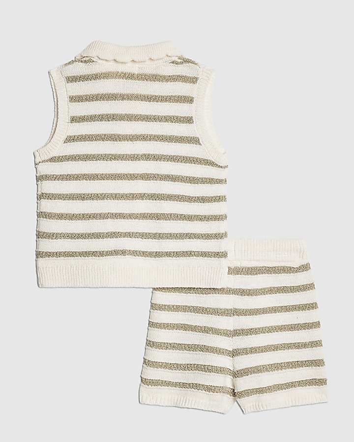 Mini Girls Cream Knit Striped Top Shorts Set