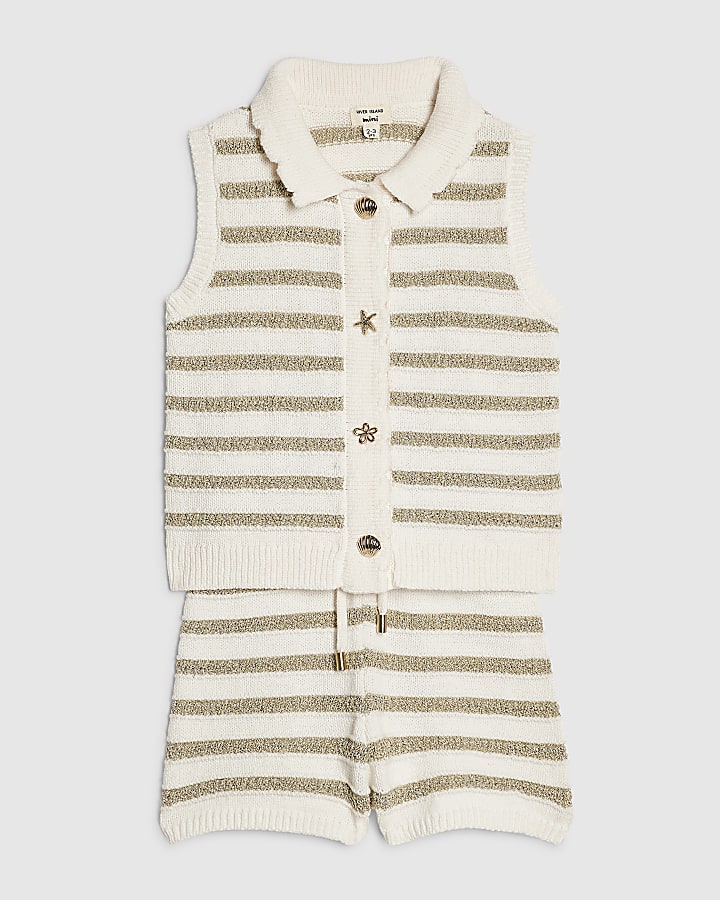 Mini Girls Cream Knit Striped Top Shorts Set