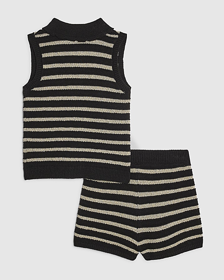 Girls Black Stripe Top & Short Knit Set